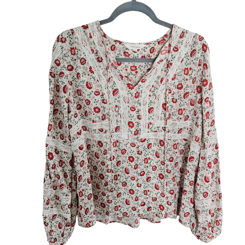 Per Una Size 8 Peasant Blouse Floral V Neck Lace Embellished Casual Relaxed